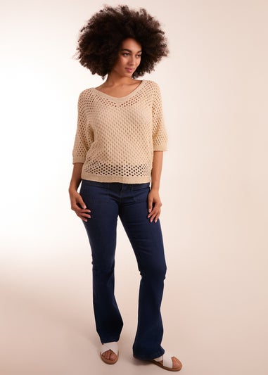 Blue Vanilla Beige Crochet V Neck Top