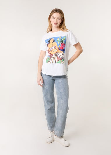 Blue Vanilla White T-Shirt With Colorful Print