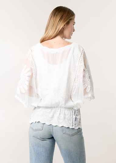 Blue Vanilla Ivory Sun Flower Lace Sleeve Blouse