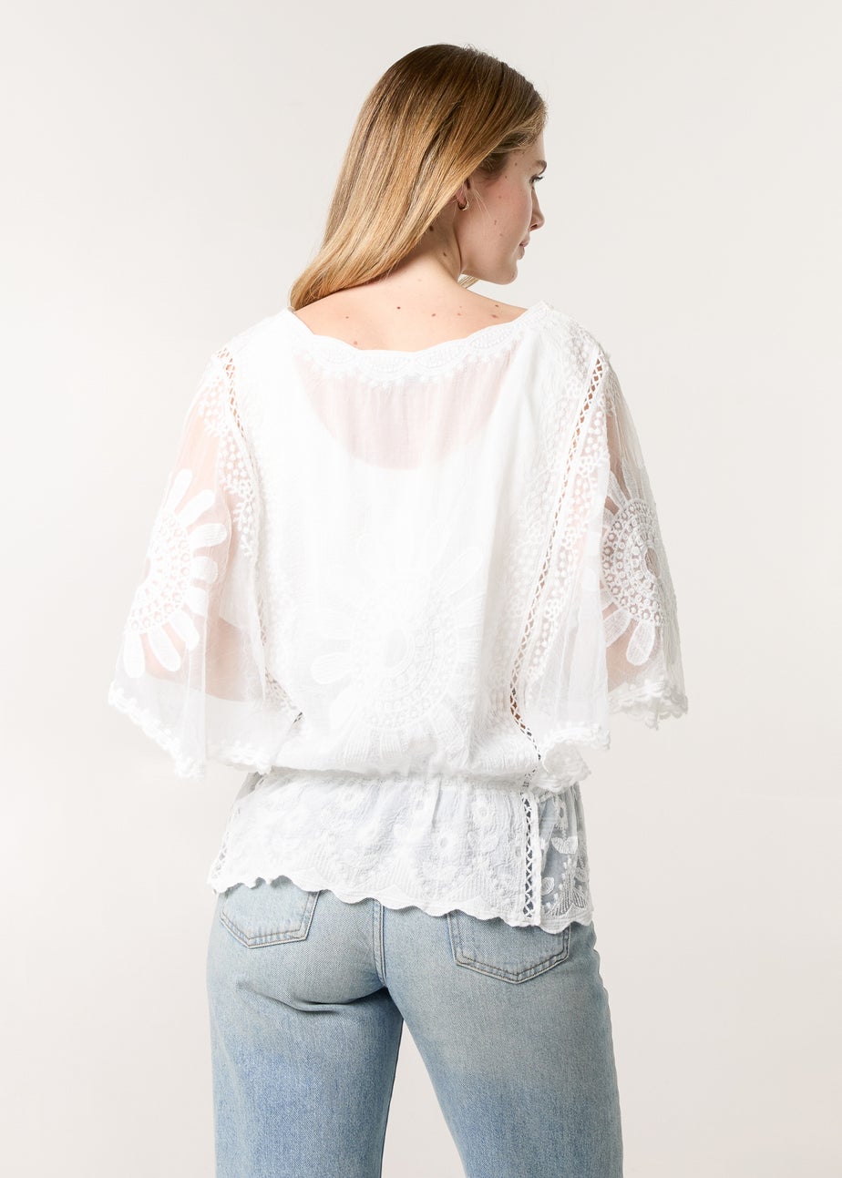 Blue Vanilla Ivory Sun Flower Lace Sleeve Blouse