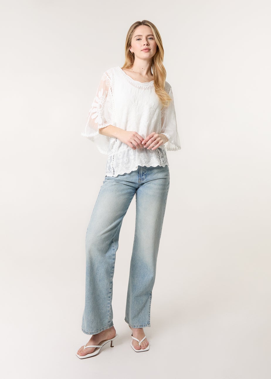 Blue Vanilla Ivory Sun Flower Lace Sleeve Blouse