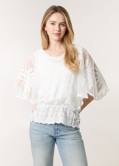 Blue Vanilla Ivory Sun Flower Lace Sleeve Blouse