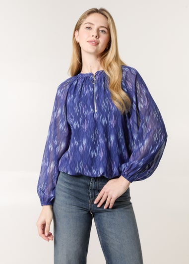Blue Vanilla Navy Half Zip Puffball Blouse
