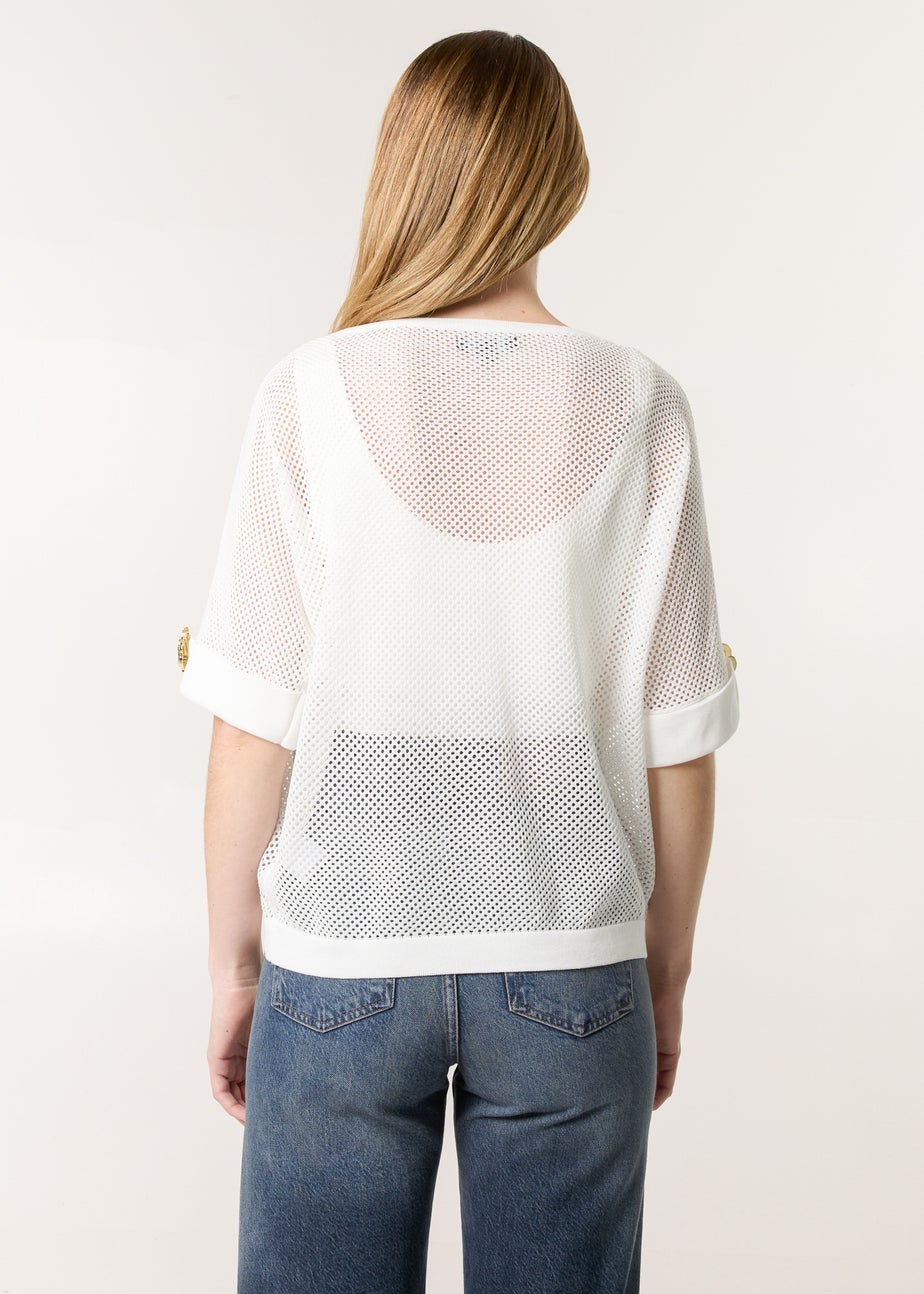 Blue Vanilla White Crochet Gold Flower Brooch Detailed Top