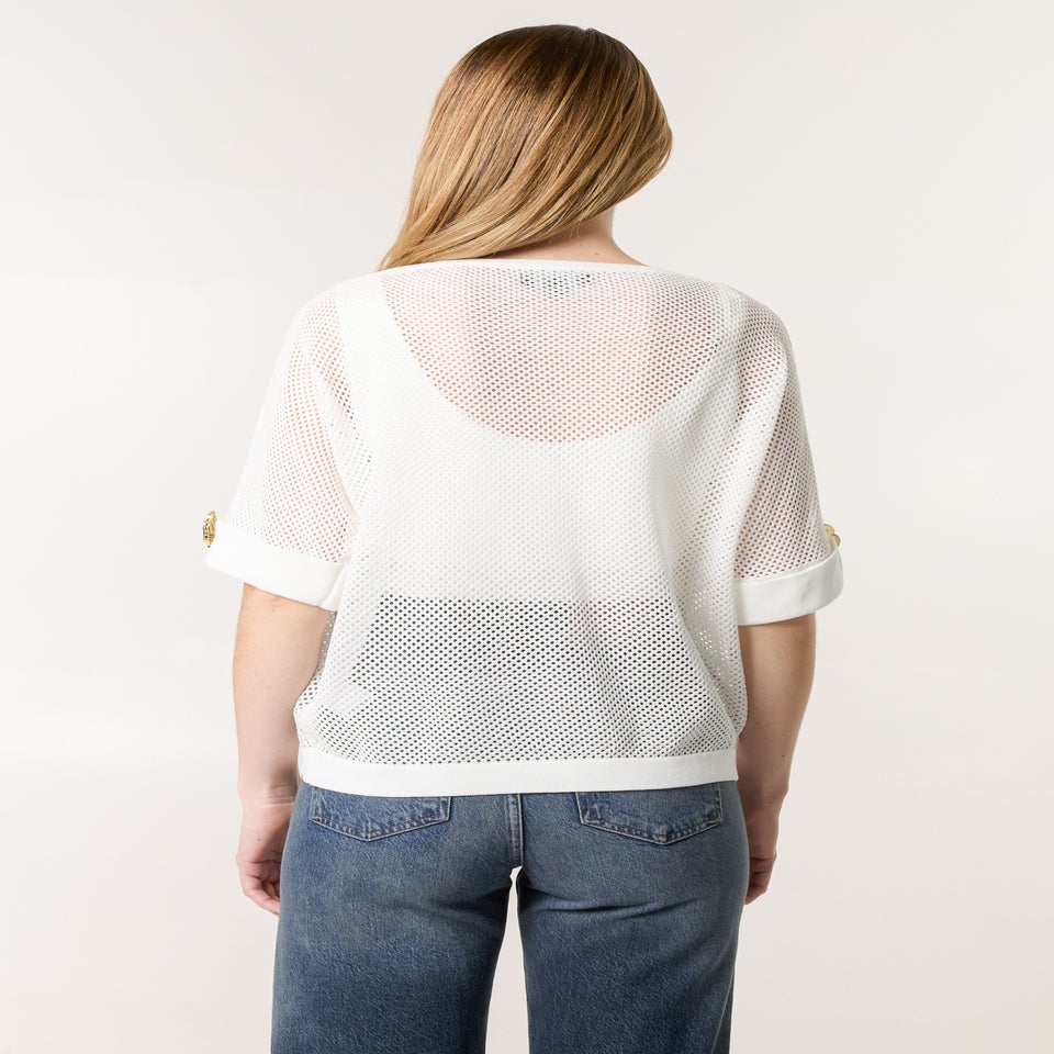 Blue Vanilla White Crochet Gold Flower Brooch Detailed Top