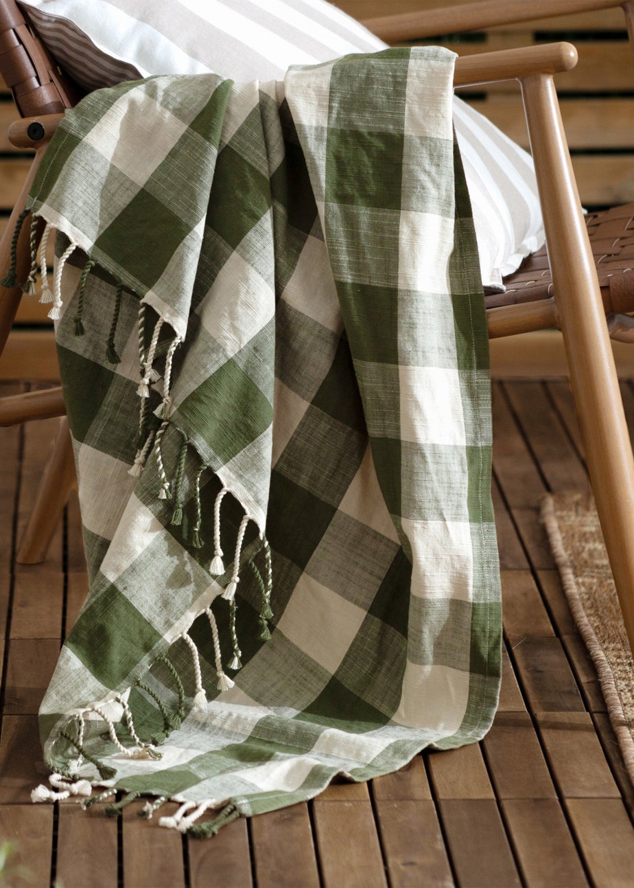 Yard Dark Green Chesil Check Tasselled 100% Cotton  Throw