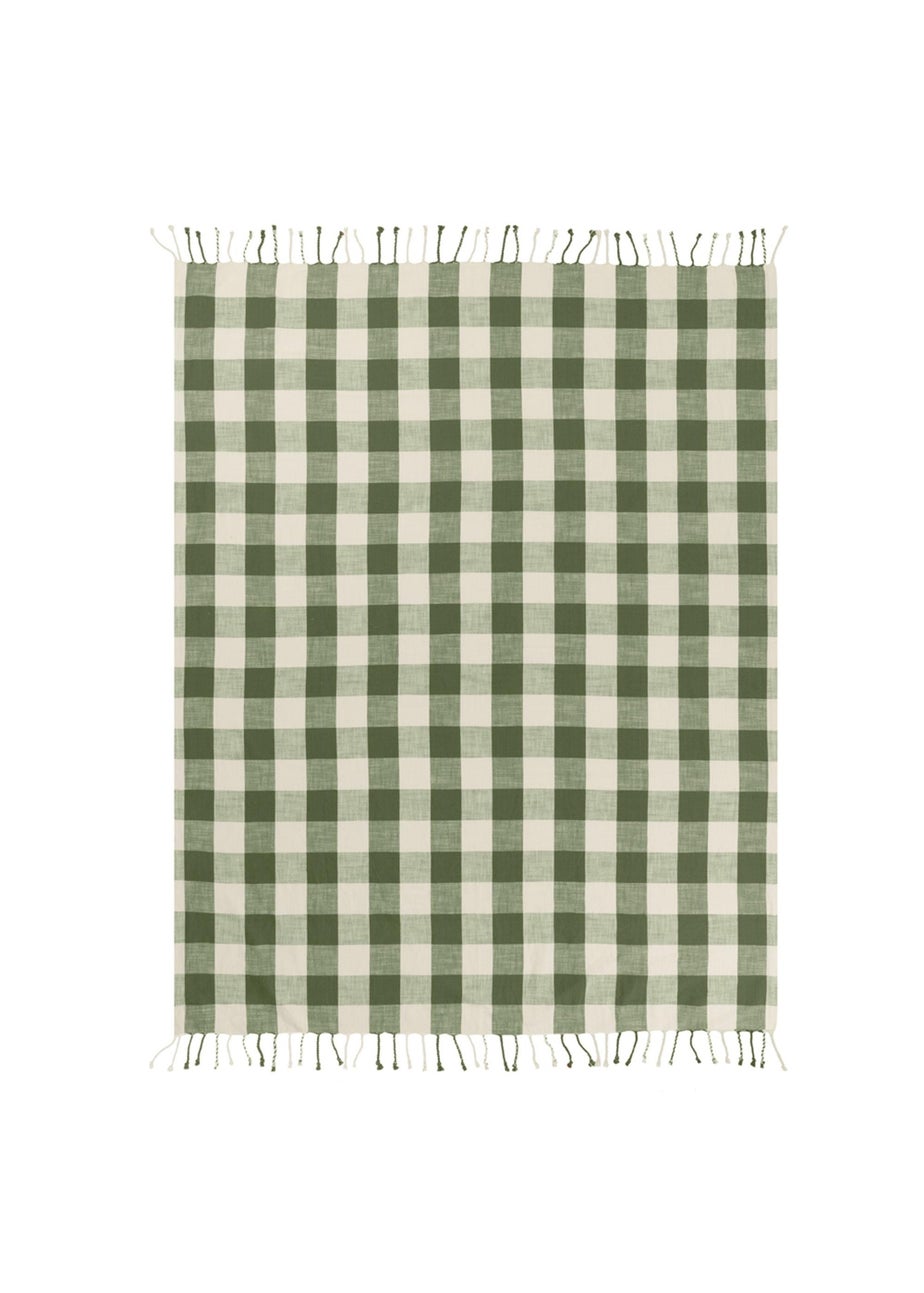 Yard Dark Green Chesil Check Tasselled 100% Cotton Throw
