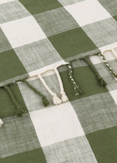 Yard Dark Green Chesil Check Tasselled 100% Cotton Throw