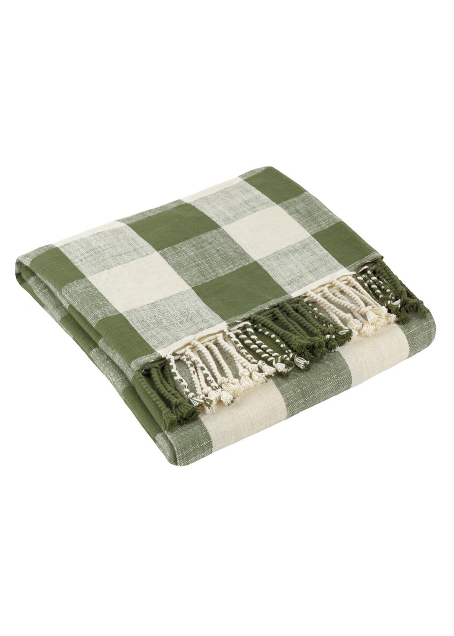 Yard Dark Green Chesil Check Tasselled 100% Cotton Throw