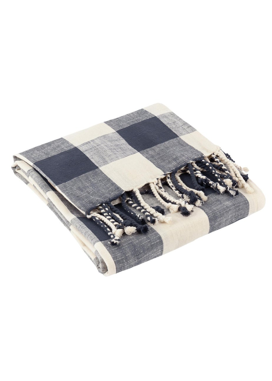 Yard Navy Chesil Check Tasselled 100% Cotton  Throw