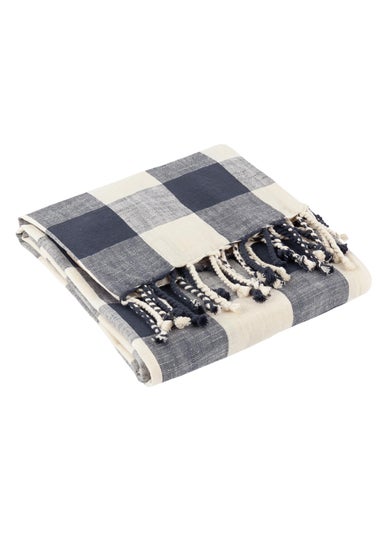 Yard Navy Chesil Check Tasselled 100% Cotton  Throw