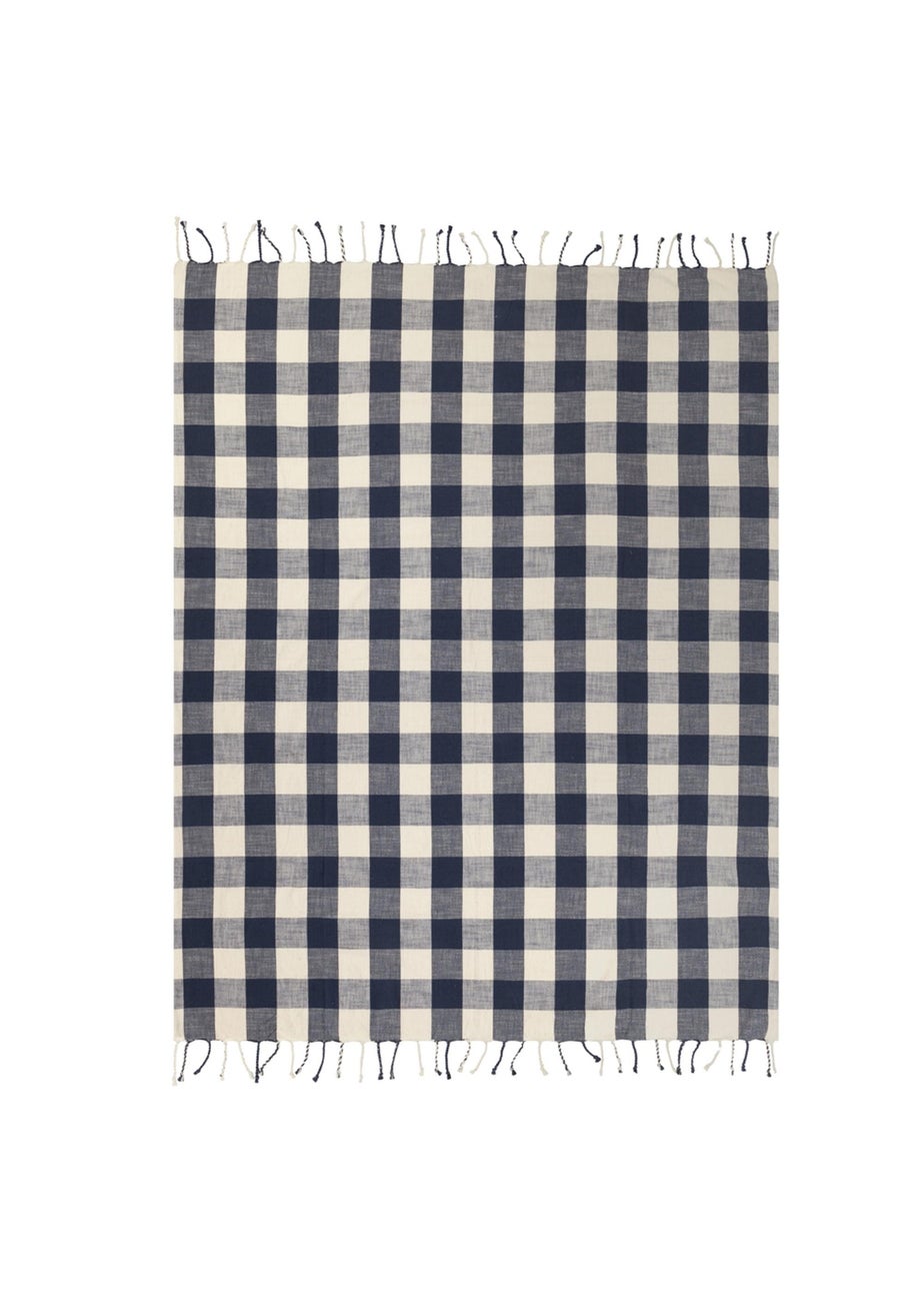 Yard Navy Chesil Check Tasselled 100% Cotton  Throw