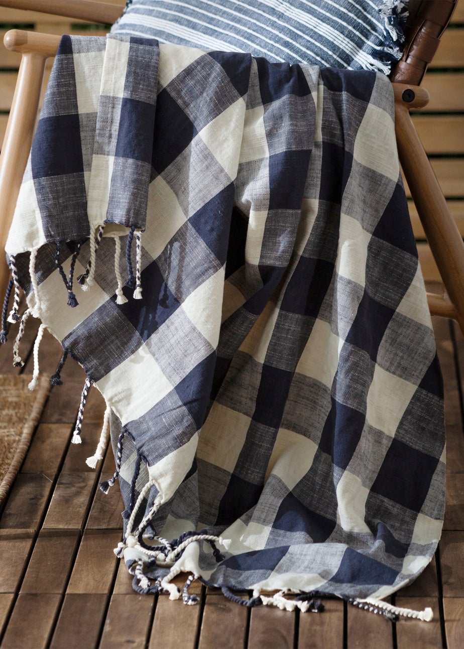 Yard Navy Chesil Check Tasselled 100% Cotton  Throw