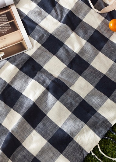 Yard Navy Chesil Check Tasselled 100% Cotton  Throw