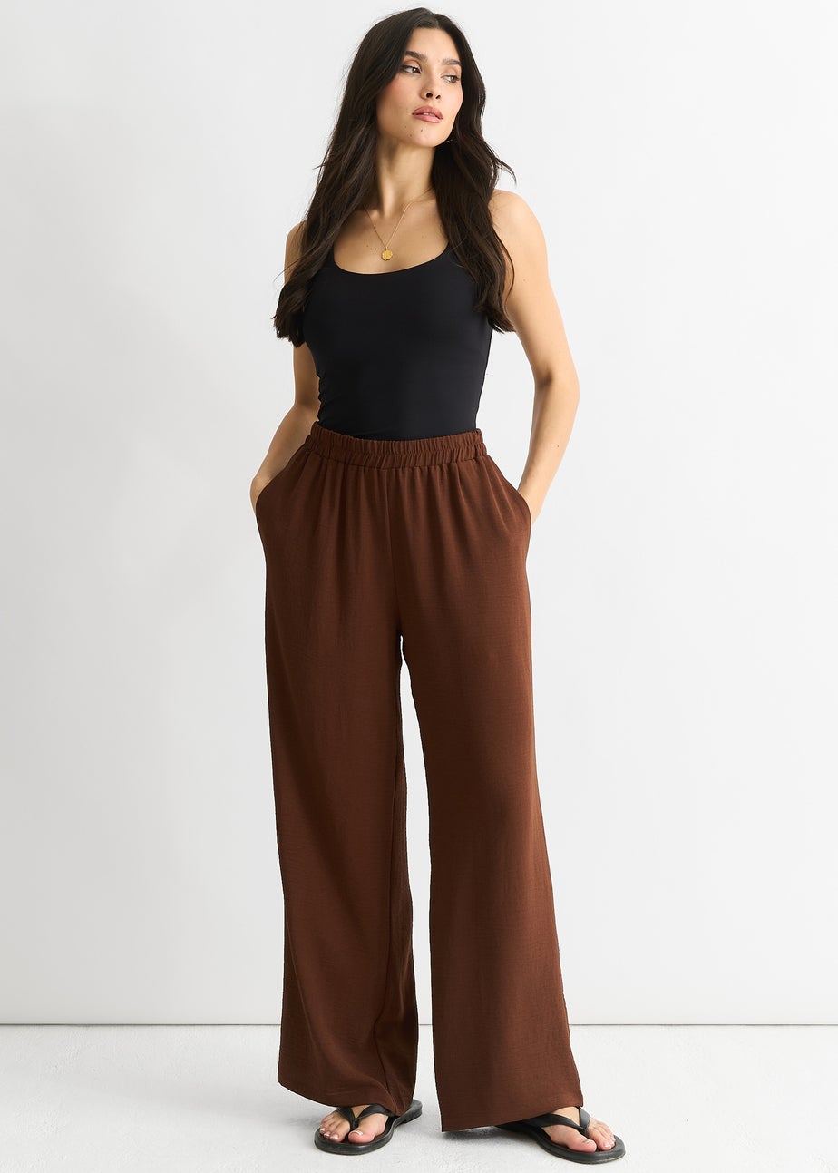 Gini London Brown Elasticated Waist Wide Leg Trousers