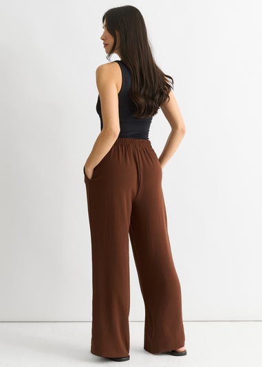 Gini London Brown Elasticated Waist Wide Leg Trousers