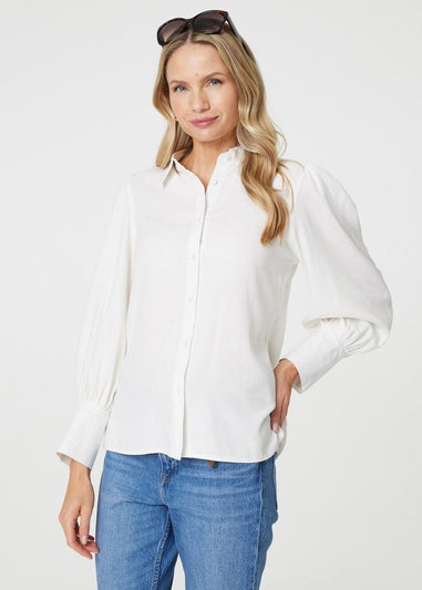 Izabel London White Plain Puff Sleeve Button-Up Shirt