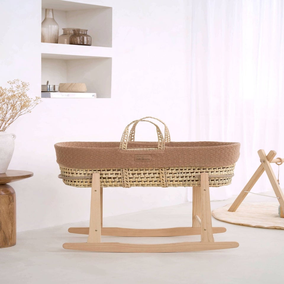 Clair de Lune Organic Biscuit Knitted Moses Basket With Natural Rocking Stand
