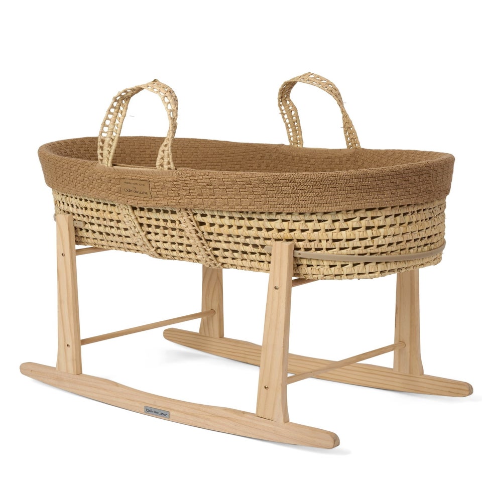 Clair de Lune Organic Biscuit Knitted Moses Basket With Natural Rocking Stand