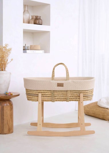 Clair de Lune Organic Cream Knitted Moses Basket With Natural Rocking Stand