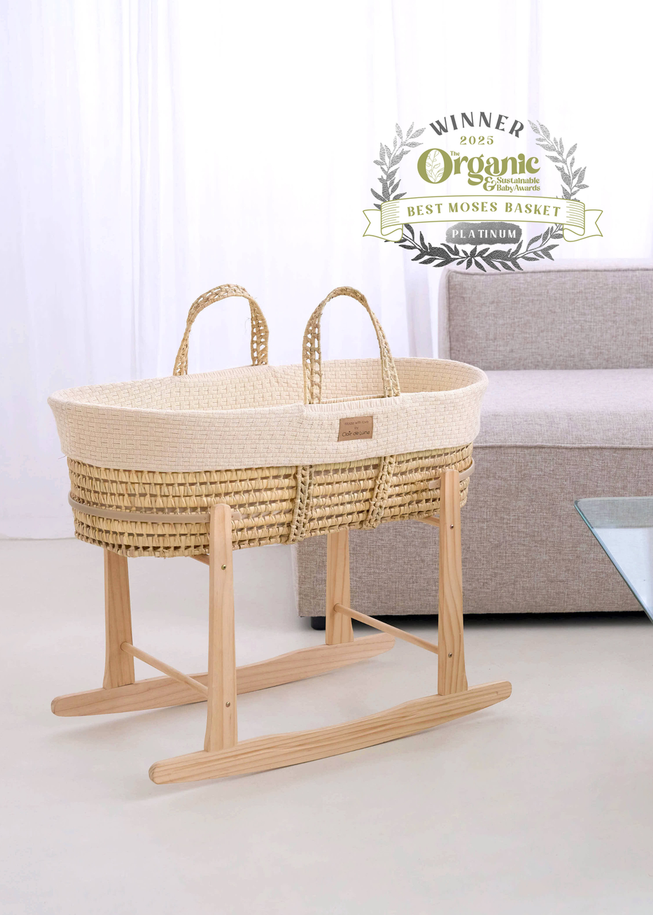 Clair de Lune Organic Cream Knitted Moses Basket With Natural Rocking Stand