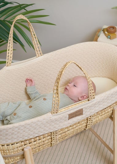 Clair de Lune Organic Cream Knitted Moses Basket With Natural Rocking Stand