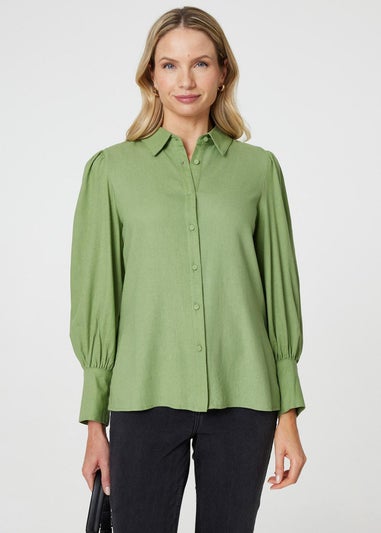 Izabel London Sage Plain Puff Sleeve Button-Up Shirt