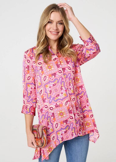 Izabel London Pink Mosaic Print 3/4 Sleeve Longline Blouse