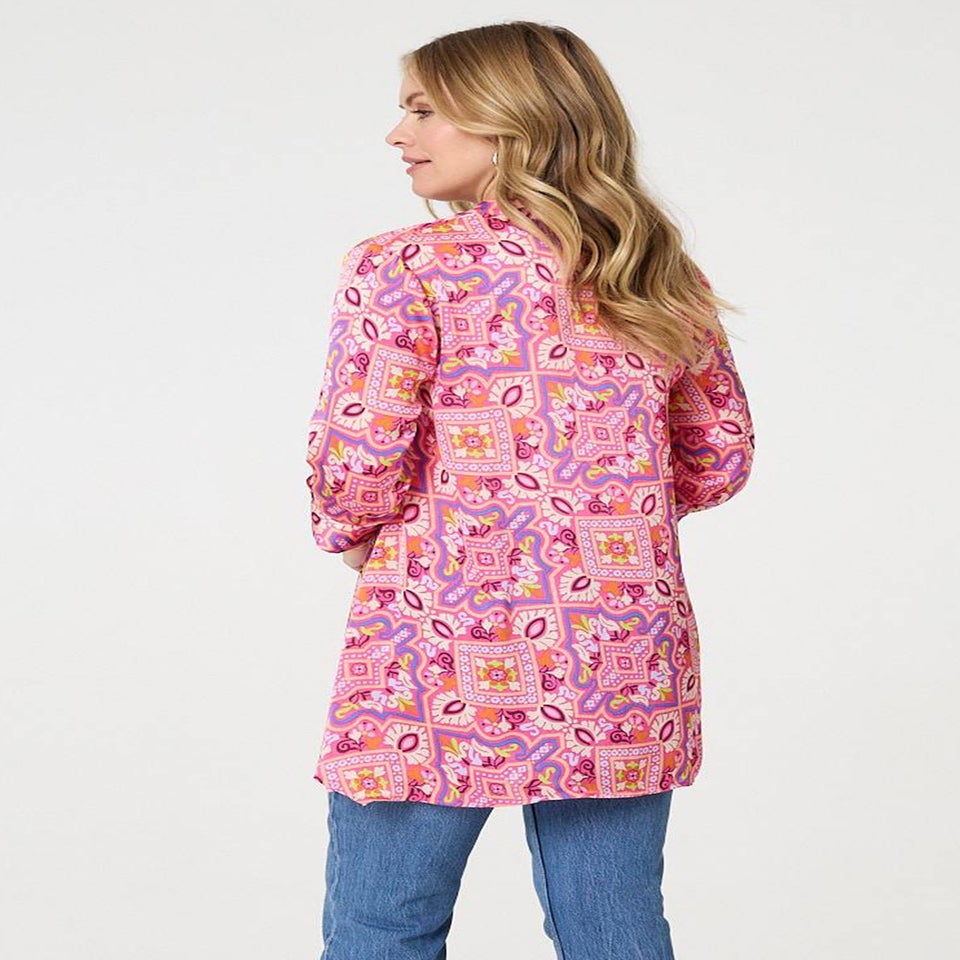 Izabel London Pink Mosaic Print 3/4 Sleeve Longline Blouse