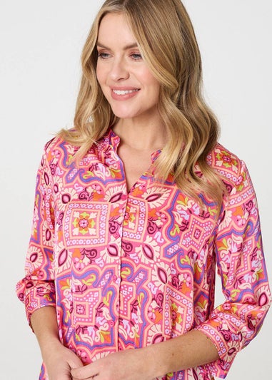 Izabel London Pink Mosaic Print 3/4 Sleeve Longline Blouse