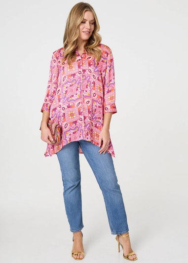 Izabel London Pink Mosaic Print 3/4 Sleeve Longline Blouse