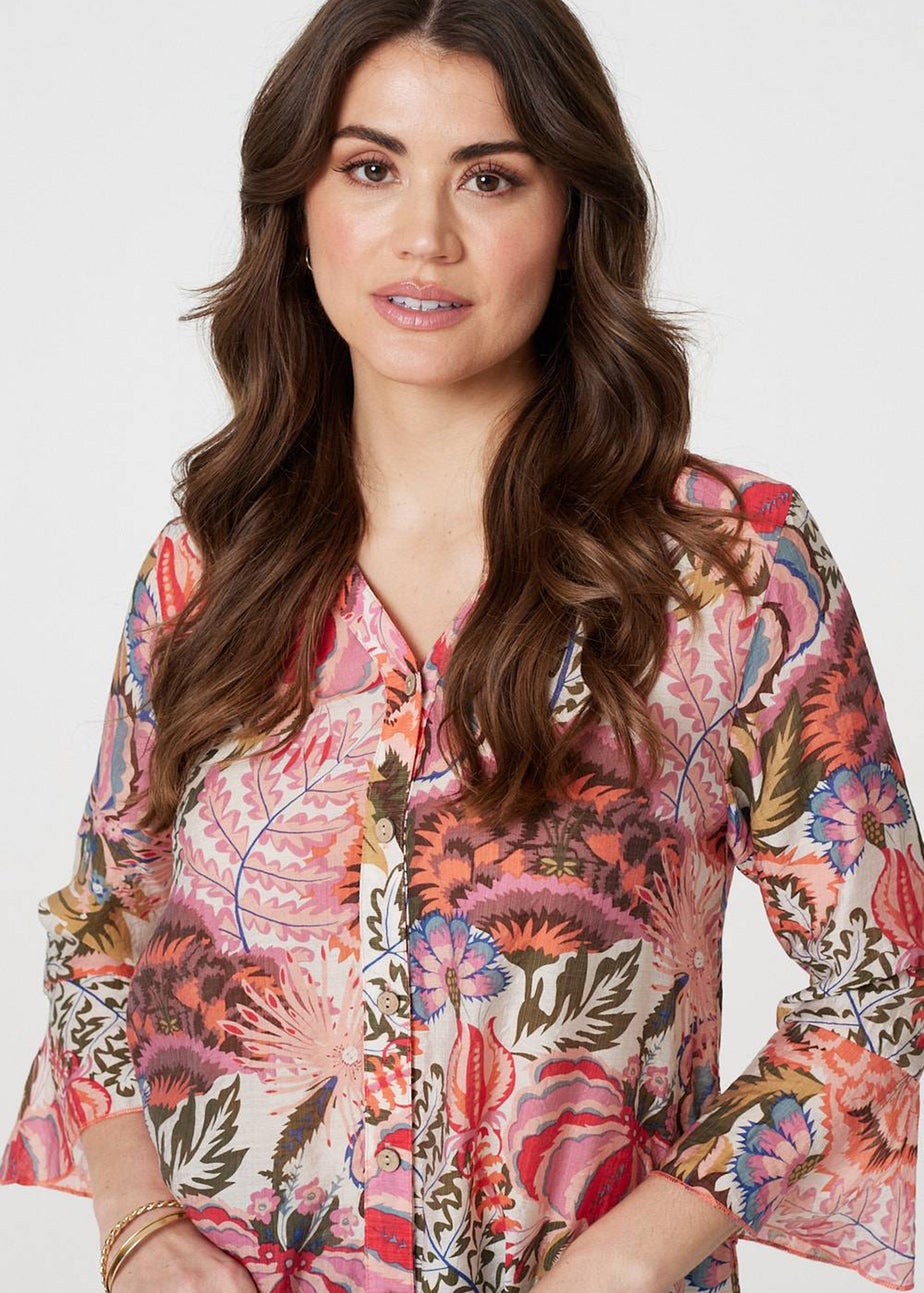 Izabel London Pink Floral 3/4 Frill Sleeve Relaxed Blouse