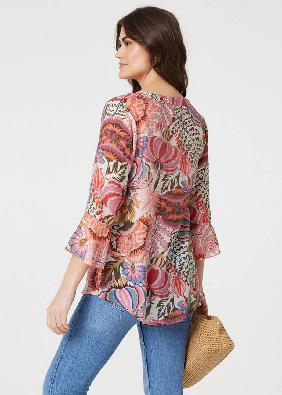 Izabel London Pink Floral 3/4 Frill Sleeve Relaxed Blouse