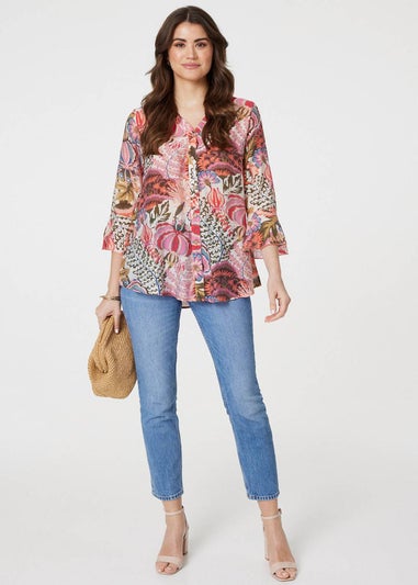 Izabel London Pink Floral 3/4 Frill Sleeve Relaxed Blouse