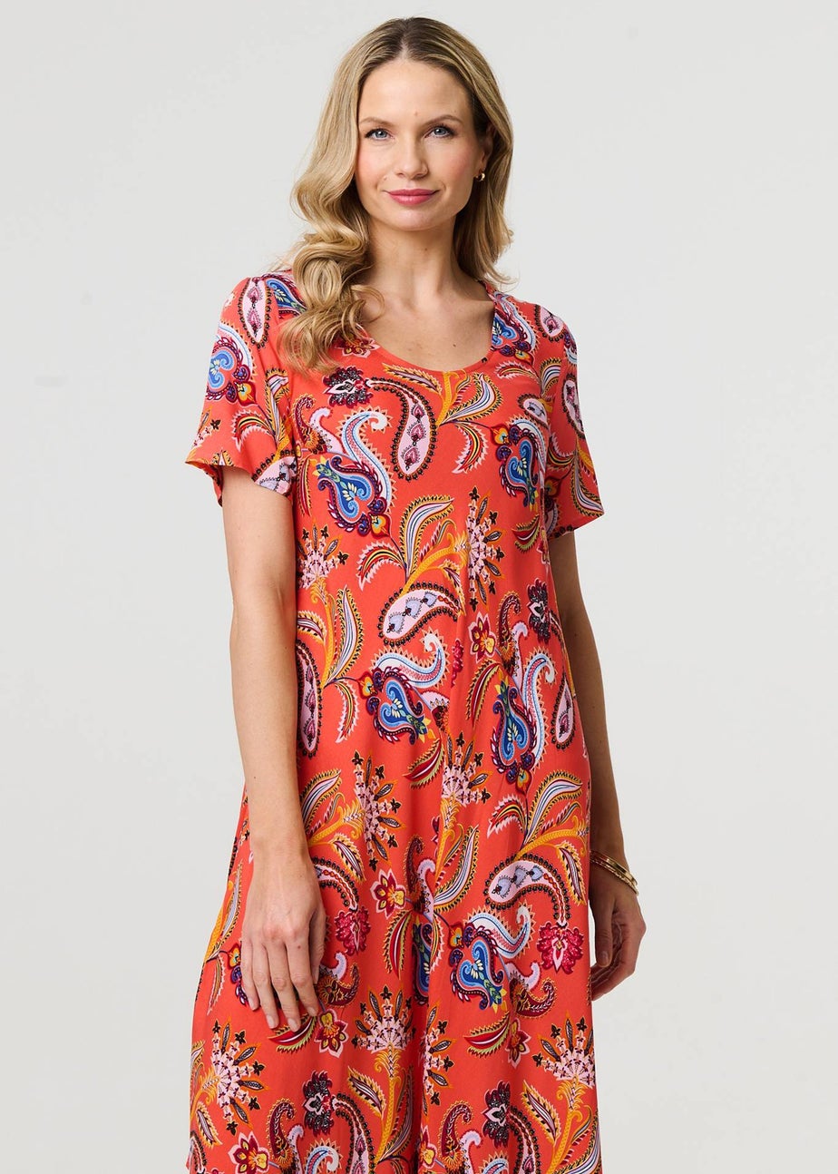 Izabel London Orange Paisley Relaxed Short Sleeve Midi Dress