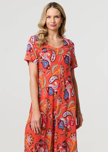 Izabel London Orange Paisley Relaxed Short Sleeve Midi Dress