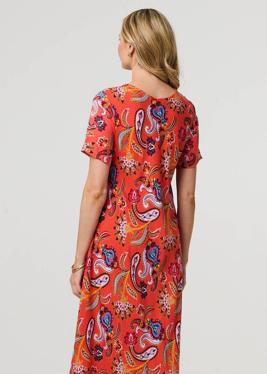 Izabel London Orange Paisley Relaxed Short Sleeve Midi Dress