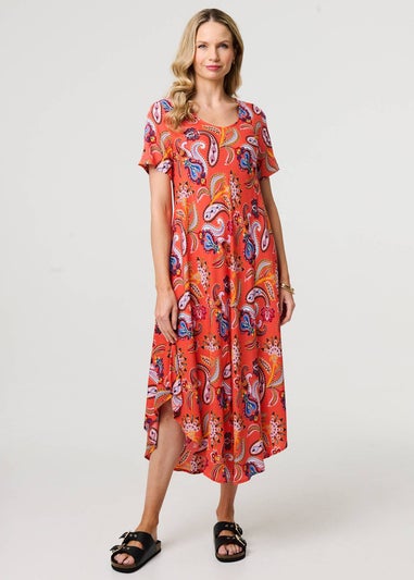 Izabel London Orange Paisley Relaxed Short Sleeve Midi Dress