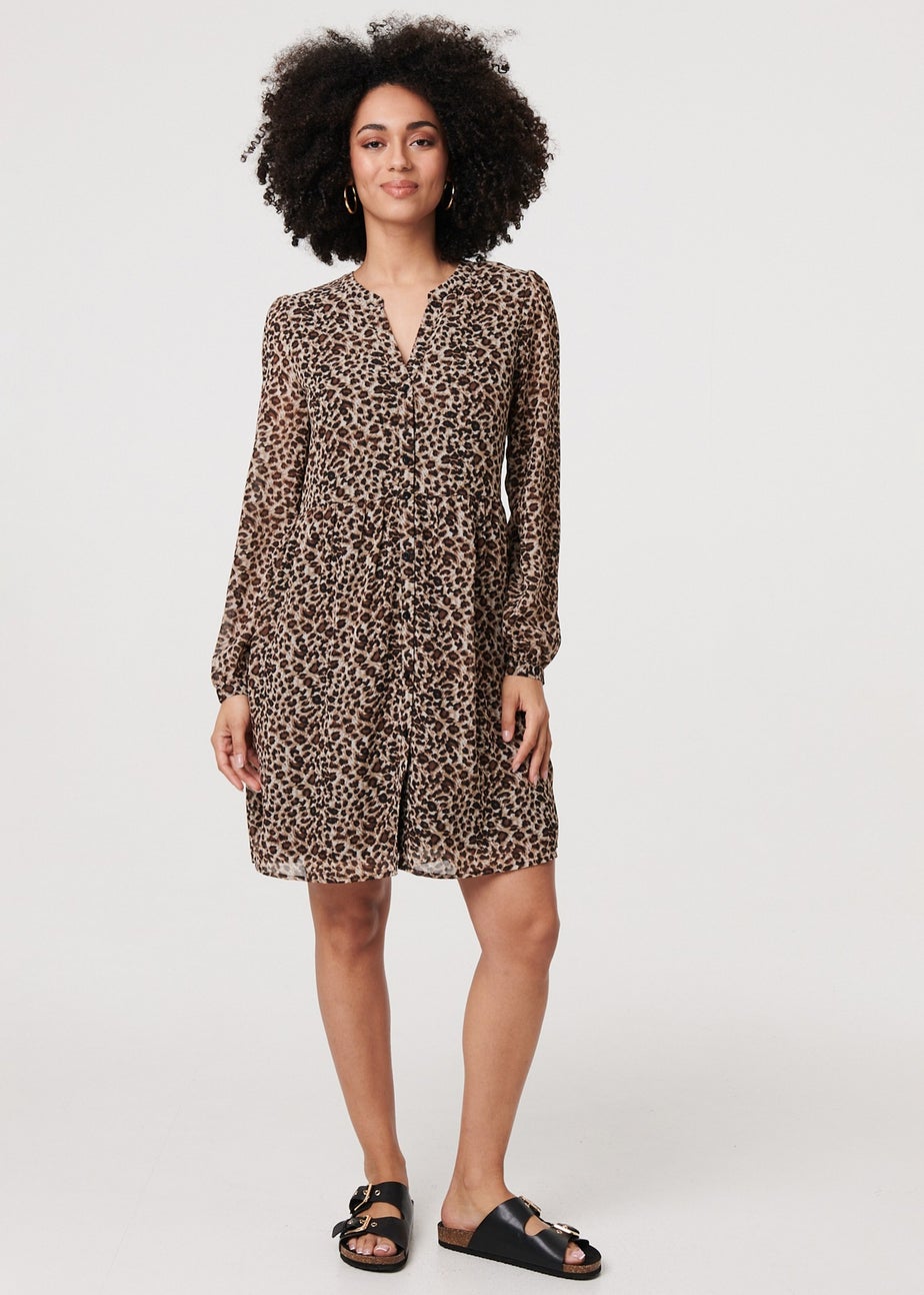 Izabel London Beige Animal Print Long Sleeve Midi Dress