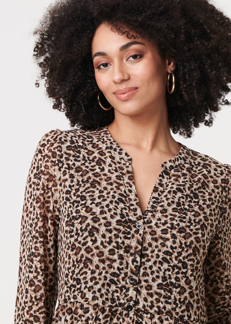 Izabel London Beige Animal Print Long Sleeve Midi Dress