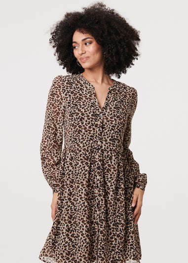 Izabel London Beige Animal Print Long Sleeve Midi Dress