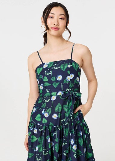 Izabel London Green Floral Sleeveless Tie Waist Midi Dress