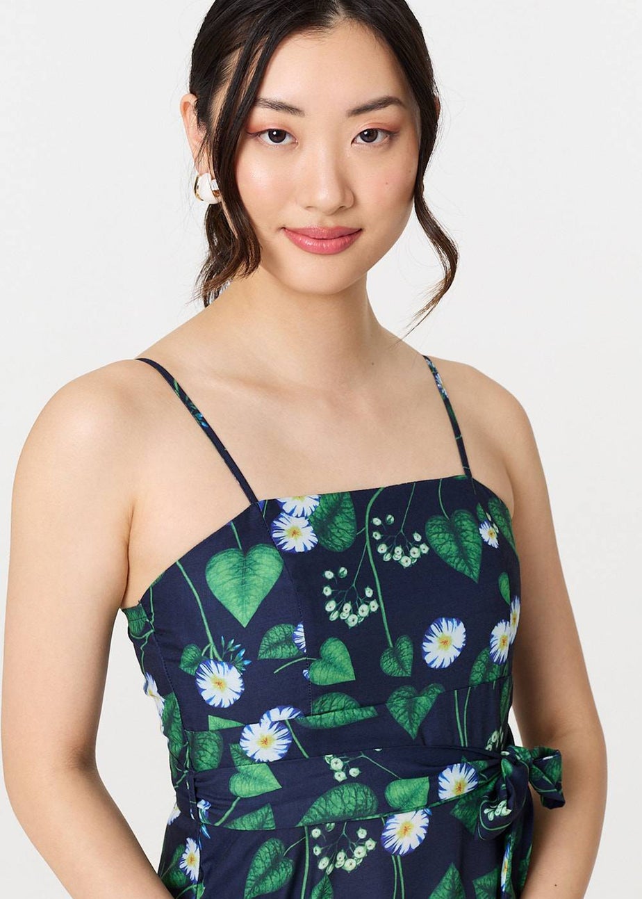 Izabel London Green Floral Sleeveless Tie Waist Midi Dress