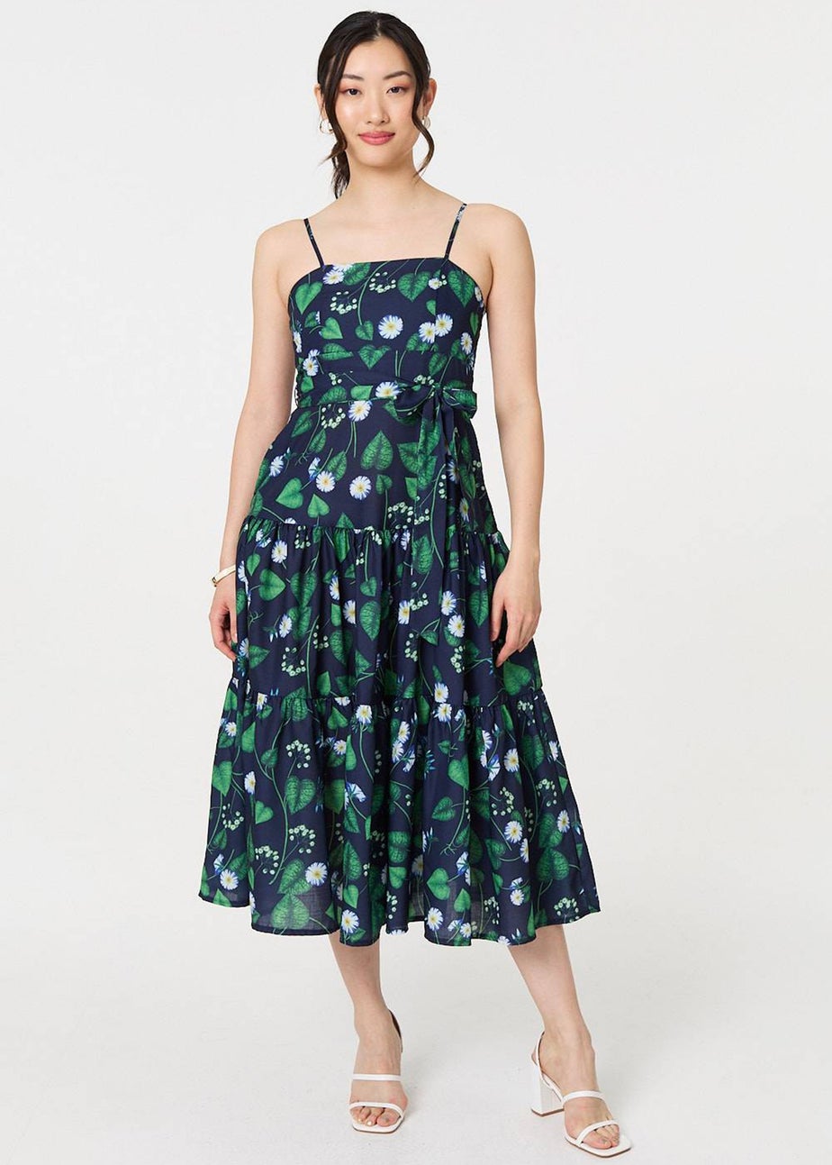 Izabel London Green Floral Sleeveless Tie Waist Midi Dress