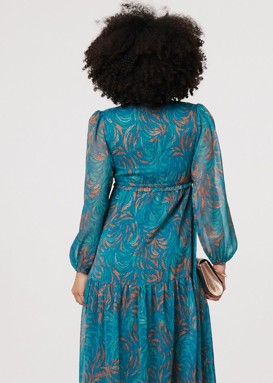 Izabel London Teal Leaf Print Sheer Tie Waist Maxi Dress