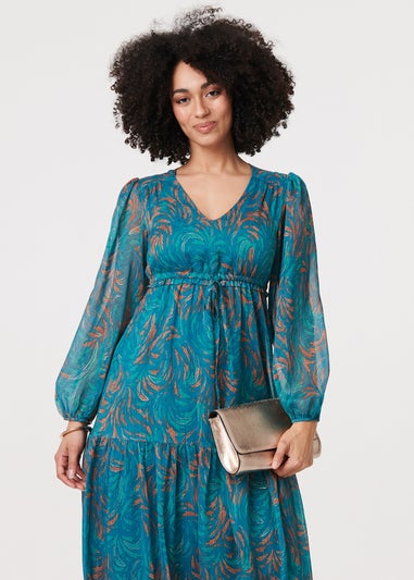 Izabel London Teal Leaf Print Sheer Tie Waist Maxi Dress