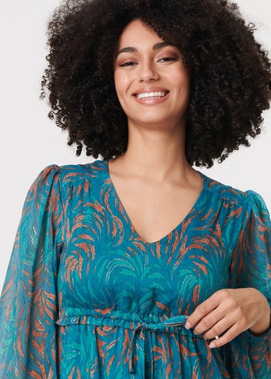 Izabel London Teal Leaf Print Sheer Tie Waist Maxi Dress