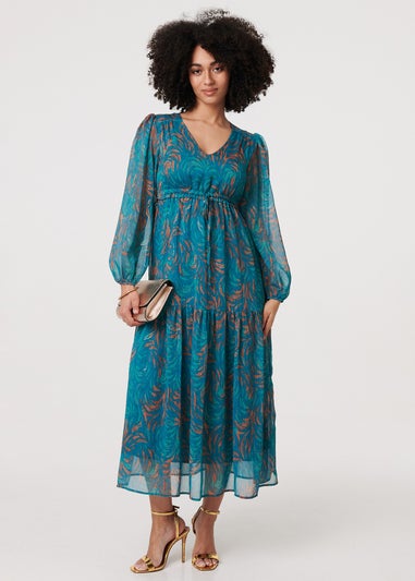 Izabel London Teal Leaf Print Sheer Tie Waist Maxi Dress