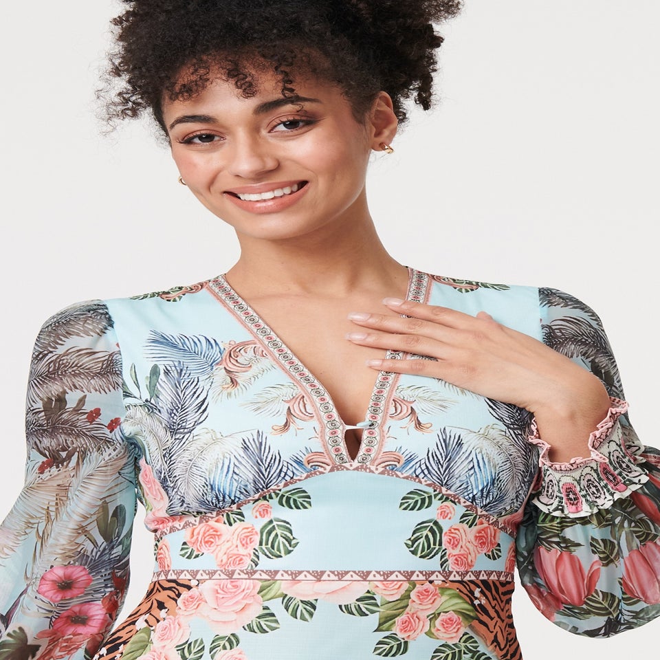 Izabel London Green Tropical Print Empire Waist Midi Dress