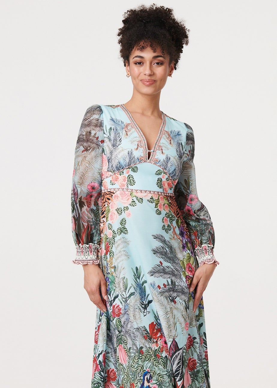 Izabel London Green Tropical Print Empire Waist Midi Dress